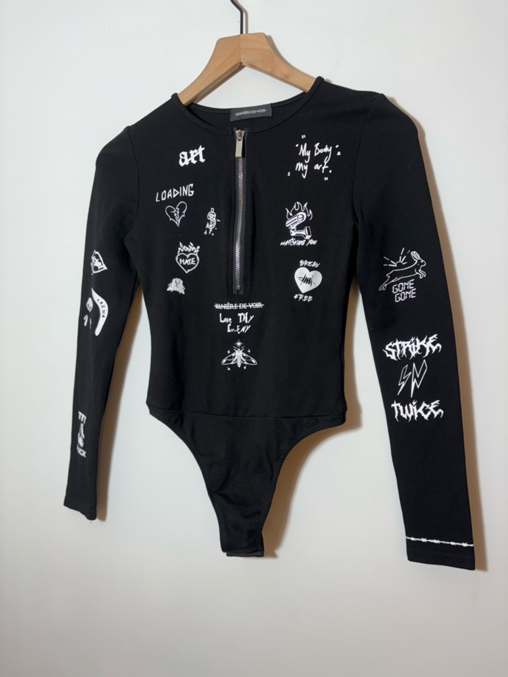 Maniere De Voir Black Zipper Graffiti Bodysuit Size US 4 New Goth, Punk, Emo - Picture 3 of 12
